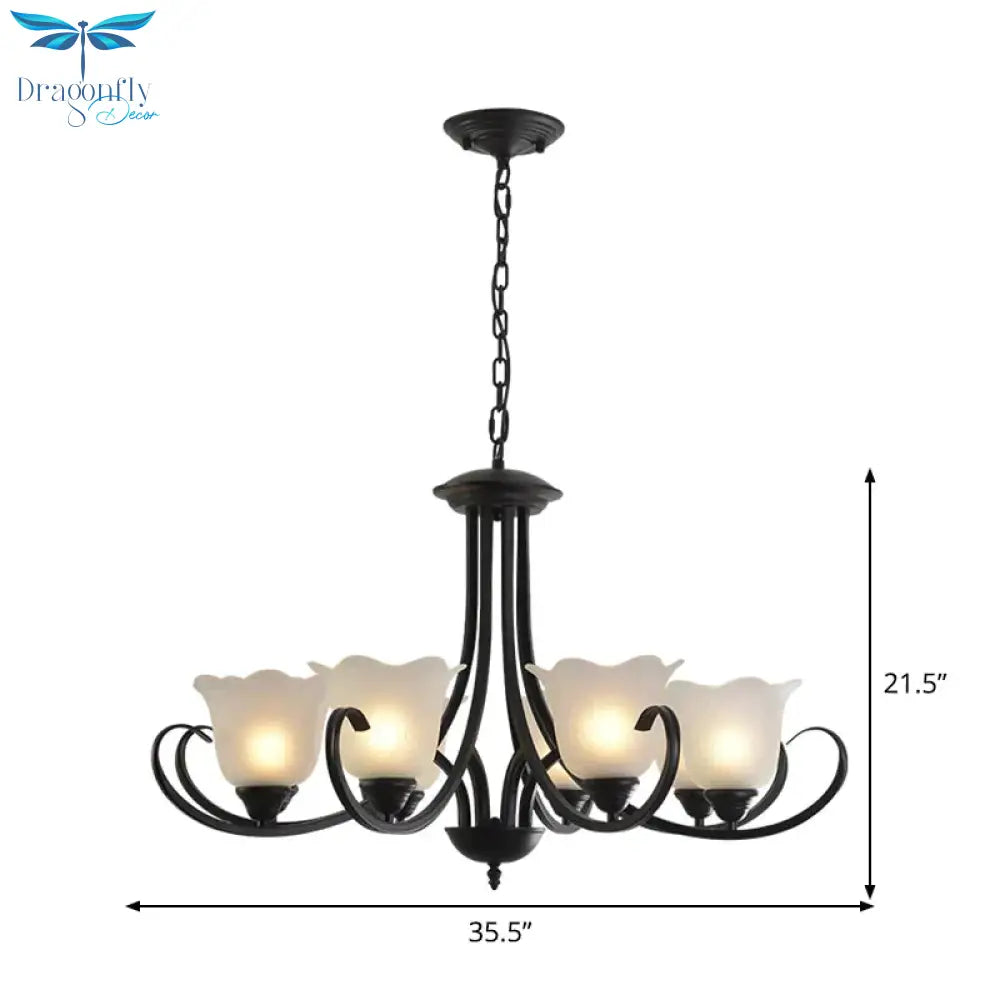 Opal Frosted Glass Black Chandelier Floral 3/8/9 - Light Farmhouse Ceiling Pendant Lamp With