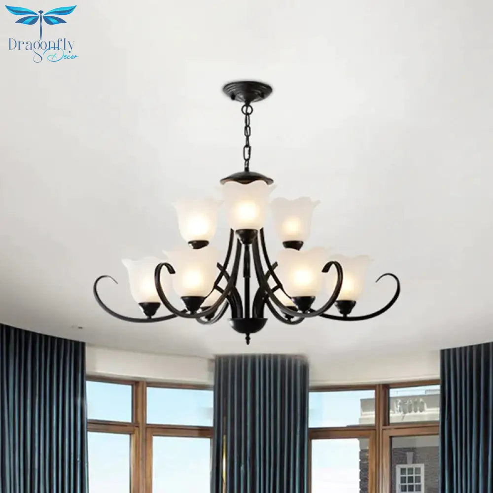 Opal Frosted Glass Black Chandelier Floral 3/8/9 - Light Farmhouse Ceiling Pendant Lamp With