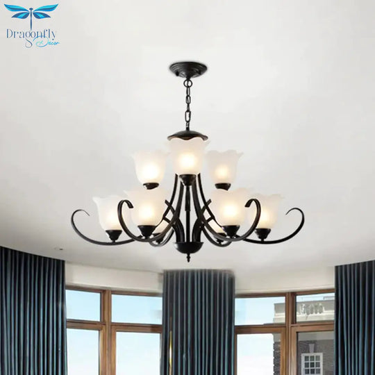 Opal Frosted Glass Black Chandelier Floral 3/8/9 - Light Farmhouse Ceiling Pendant Lamp With
