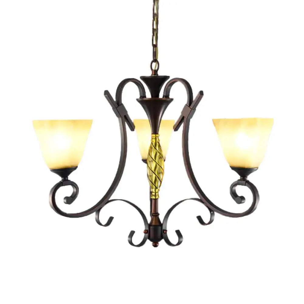 Opal Glass Bell Suspension Lighting Vintage 3 - Light Living Room Chandelier With Swirled Arm In