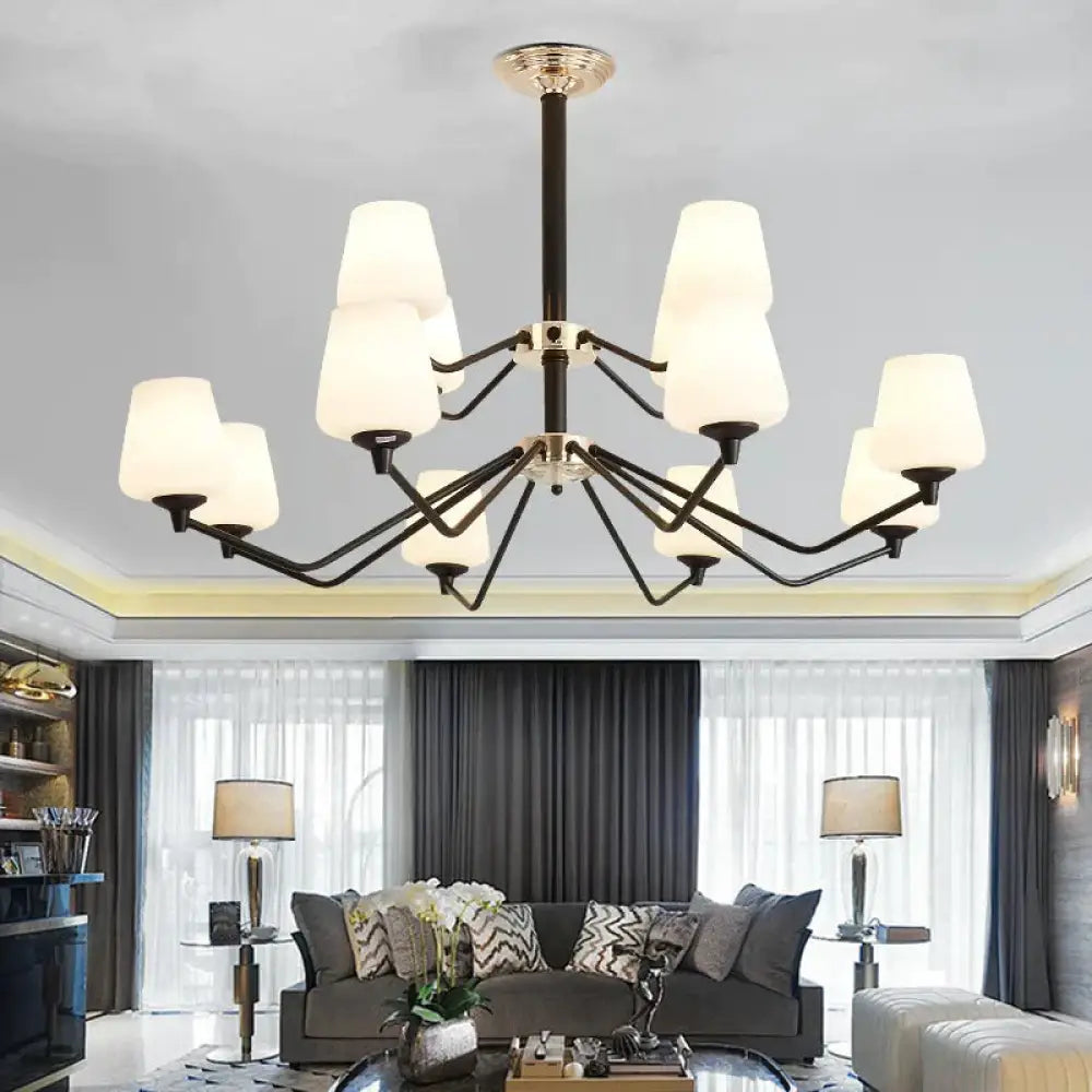 Opal Glass Black Pendant Lamp Sputnik 12 Lights Traditional Chandelier Light Fixture With Cup Shade