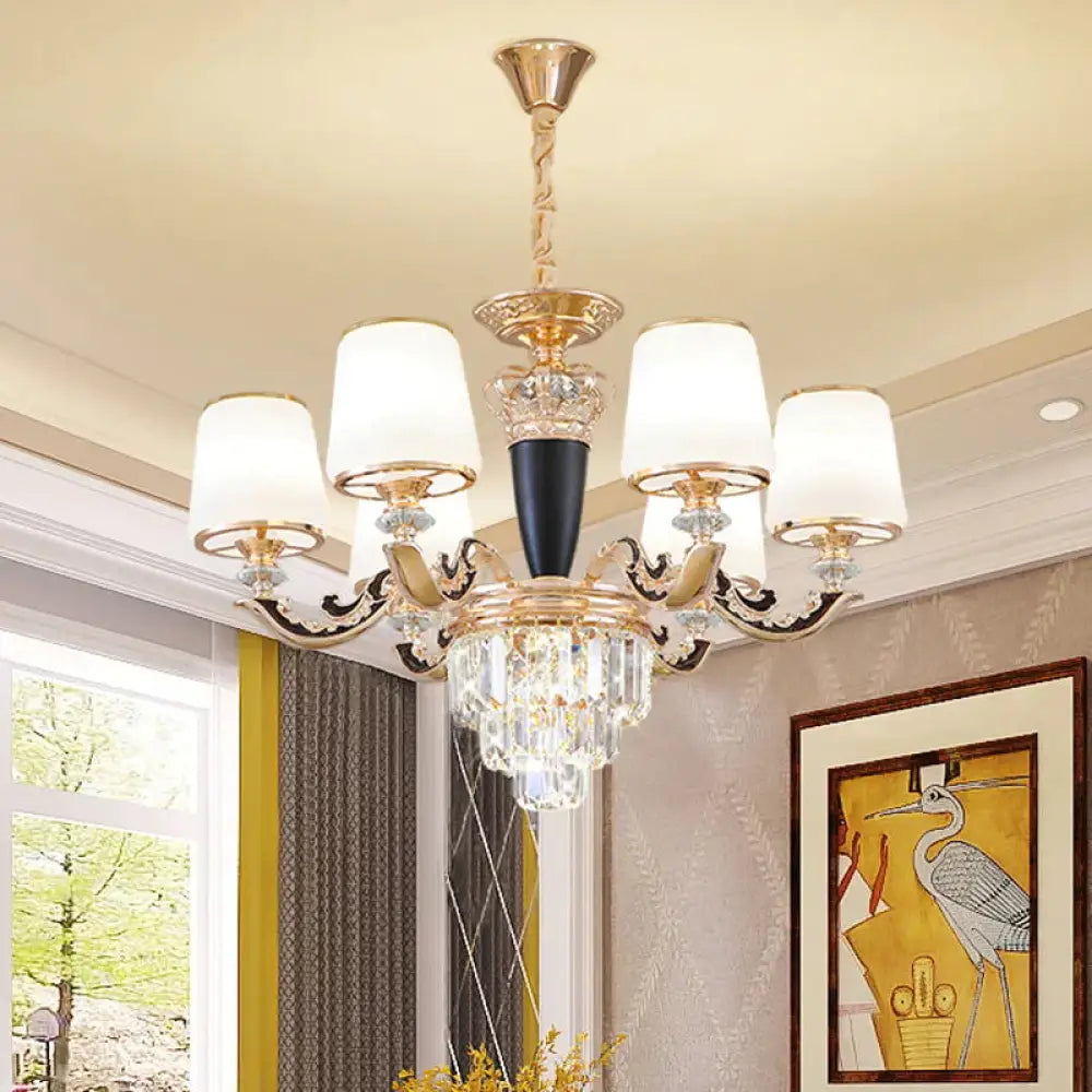 Opal Glass Cone Hanging Pendant Mid - Century 6 Heads Bedroom Chandelier In Black And Gold With
