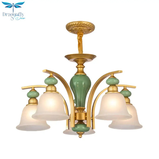 Opal Glass Gold Pendant Light Fixture Bell 5/6/8 Lights Rustic Style Chandelier Lighting With