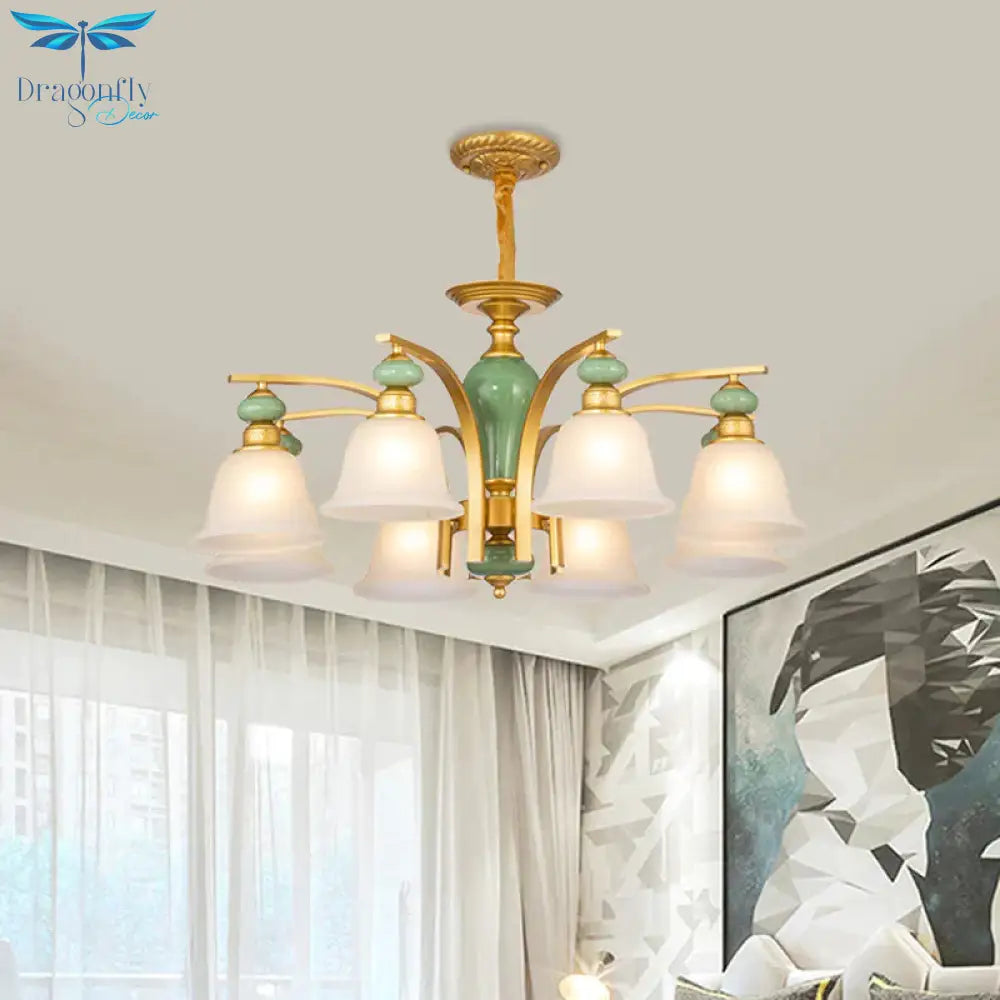 Opal Glass Gold Pendant Light Fixture Bell 5/6/8 Lights Rustic Style Chandelier Lighting With