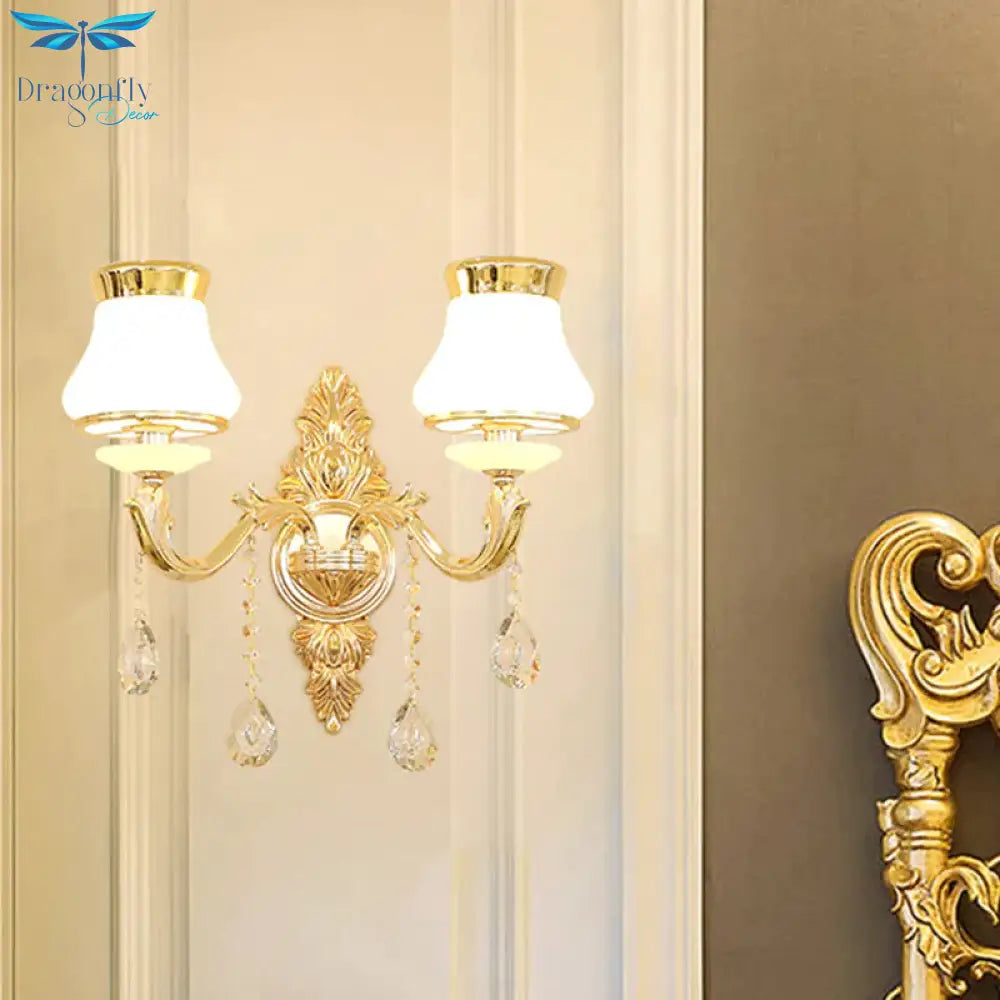 Opal Glass K9 Crystal Wall Light Classic Living Room Lighting Fixture With Accent In Gold