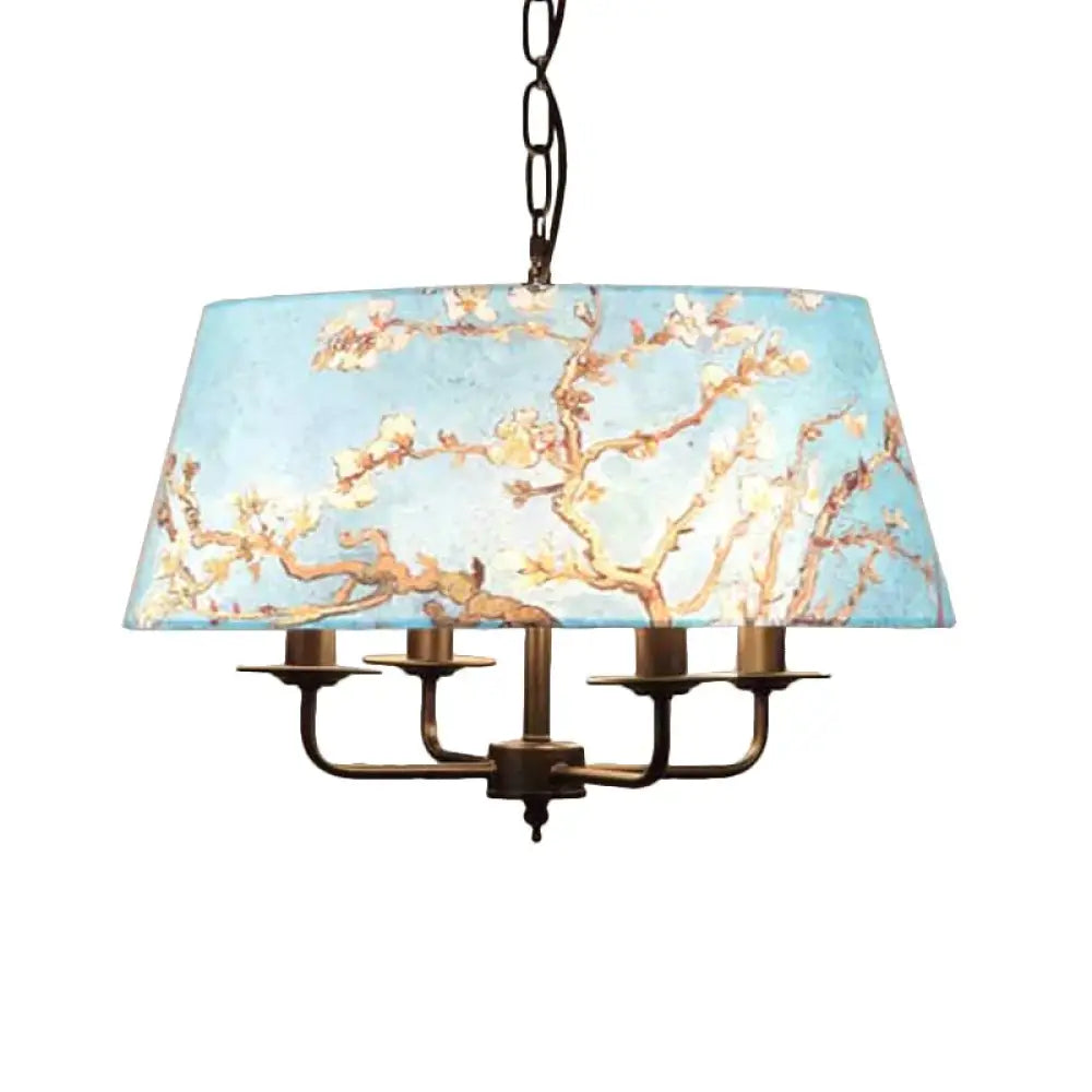 Orchid Printed Fabric Blue Chandelier Trapezoid 4 Lights Korean Garden Hanging Pendant