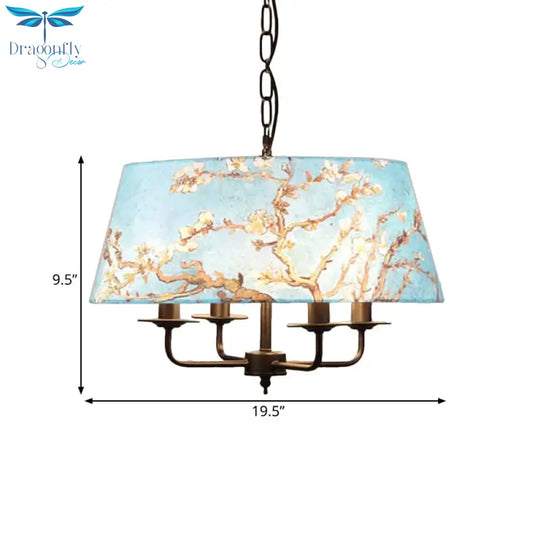 Orchid Printed Fabric Blue Chandelier Trapezoid 4 Lights Korean Garden Hanging Pendant