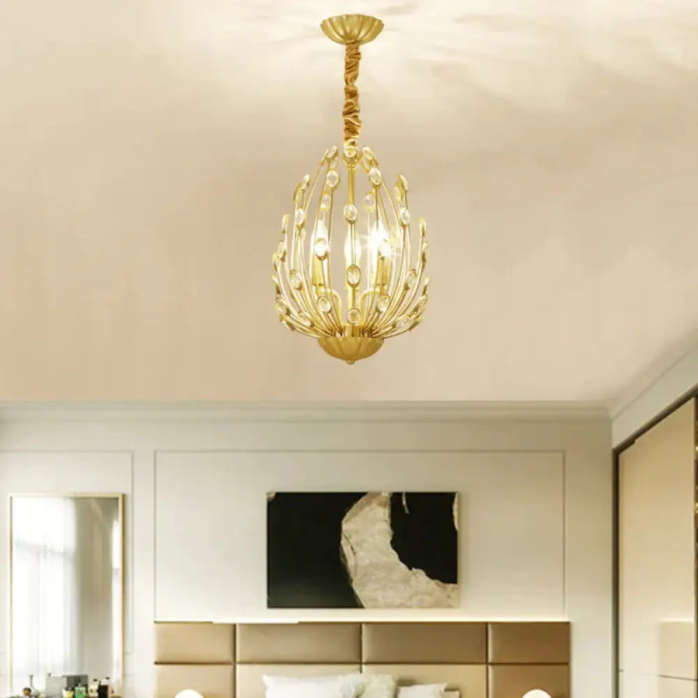 Oval Metal And Crystal Hanging Light Rustic 3/6 Lights Dining Room Chandelier In Gold 3 /
