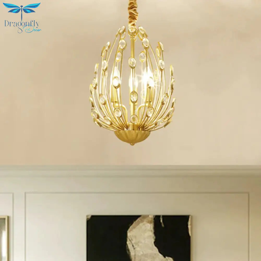 Oval Metal And Crystal Hanging Light Rustic 3/6 Lights Dining Room Chandelier In Gold