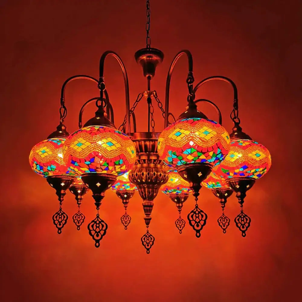 Oval Stained Glass Chandelier Light Fixture Traditional 9 Heads Dining Room Hanging Lamp Kit In