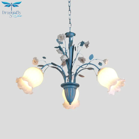 Pastoral Blossom Chandelier Lighting Fixture 3/5/6 Heads White Glass Pendant Ceiling Light In Blue