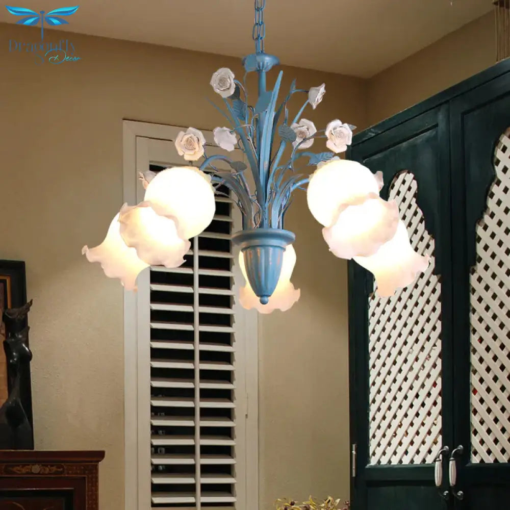 Pastoral Blossom Chandelier Lighting Fixture 3/5/6 Heads White Glass Pendant Ceiling Light In Blue