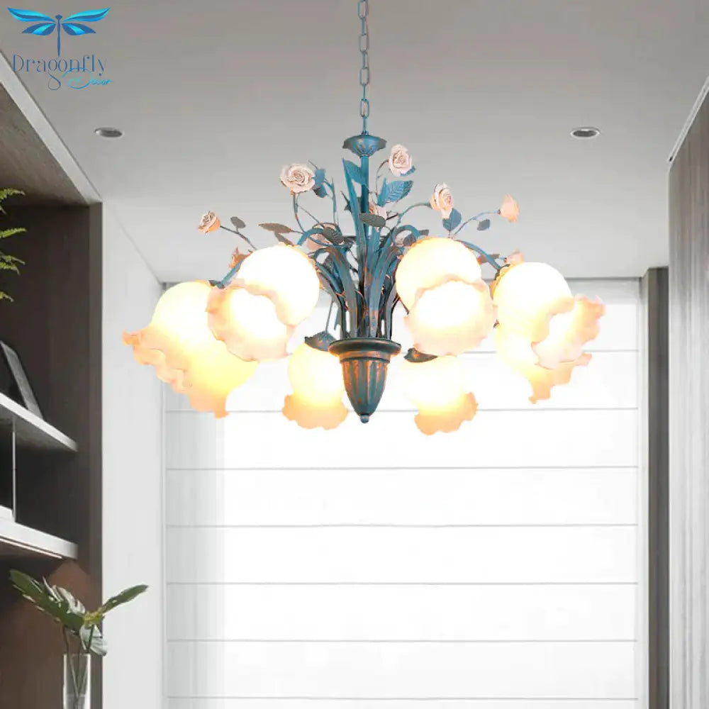 Pastoral Blossom Chandelier Lighting Fixture 3/5/6 Heads White Glass Pendant Ceiling Light In Blue