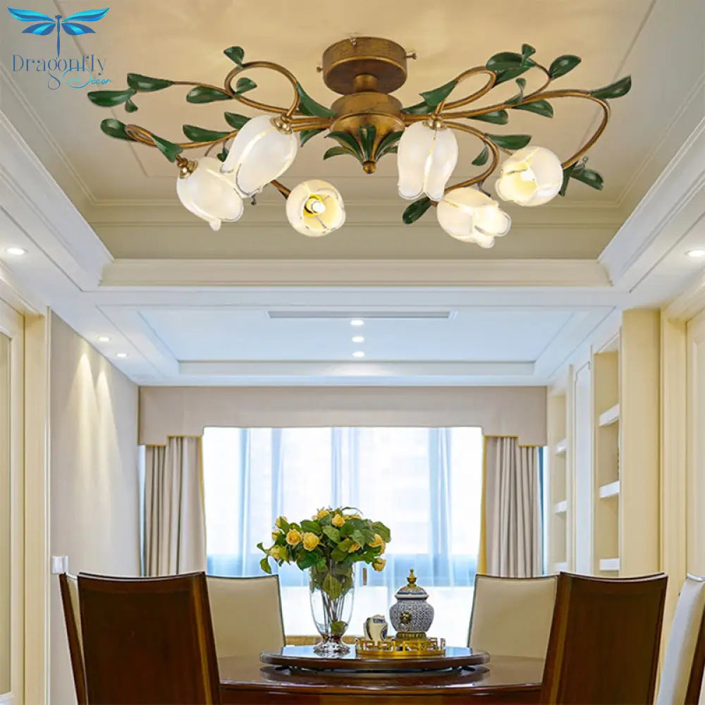 Pastoral Dining Room Glow: 6 - Head Glass Pomegranate Flower Semi - Flush Mount Ceiling Light