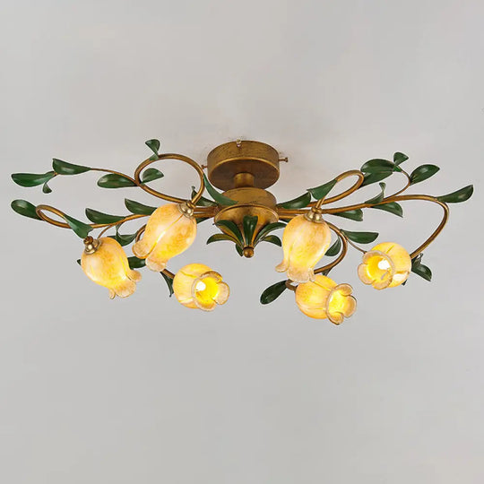 Pastoral Dining Room Glow: 6 - Head Glass Pomegranate Flower Semi - Flush Mount Ceiling Light Yellow
