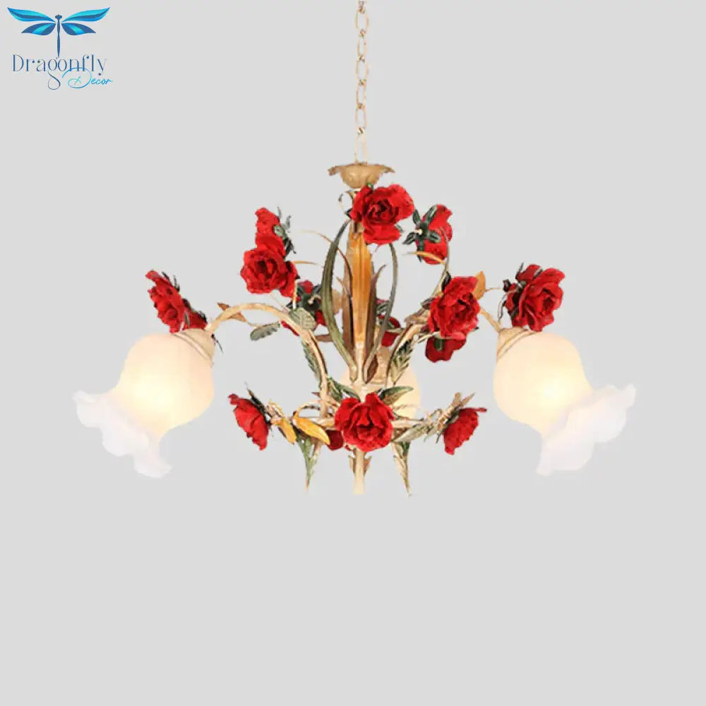 Pastoral Scalloped Chandelier Pendant Light 3/6/8 Heads Metal Led Flower Suspension Lighting In