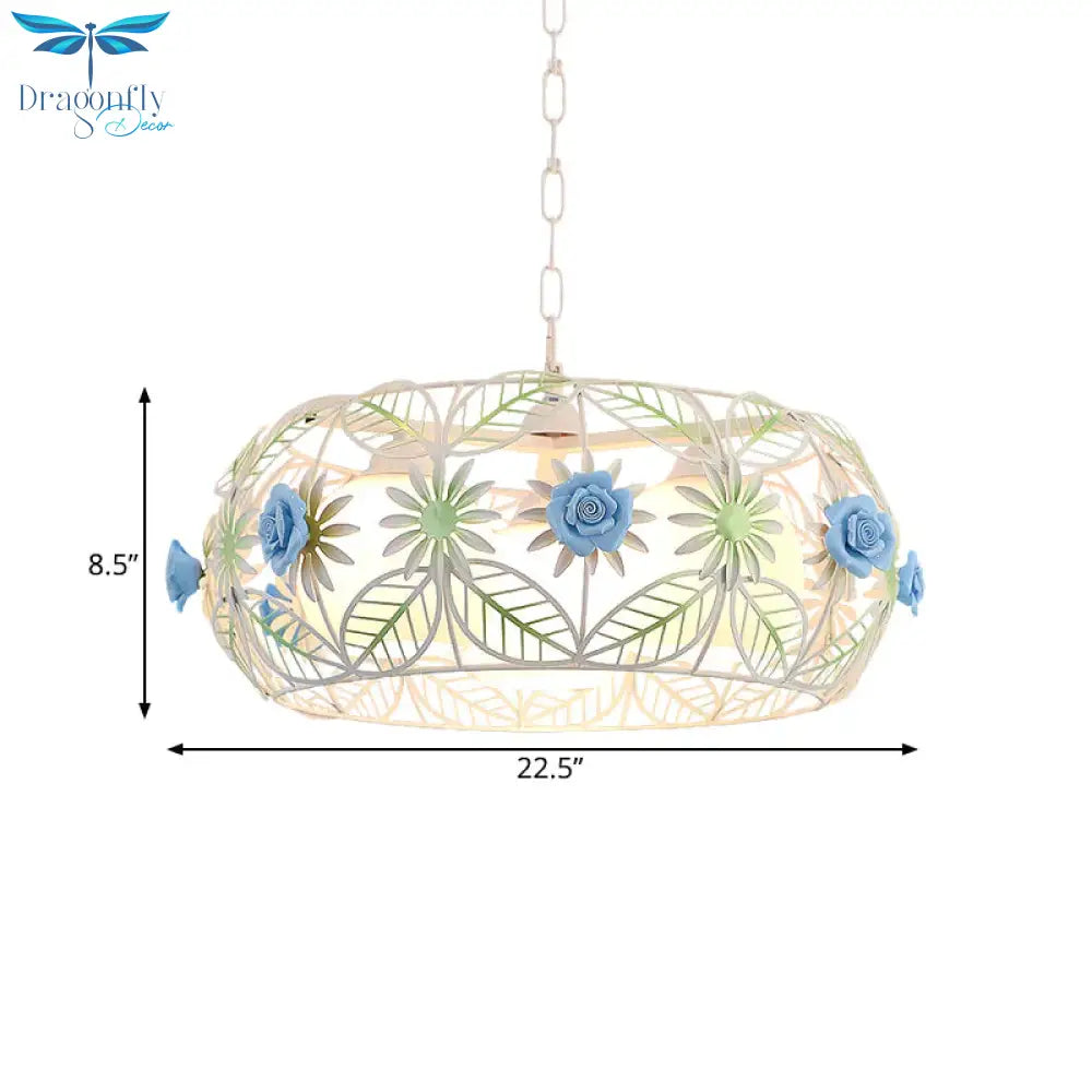 Pastoral Style Foliage Drum Chandelier 3 Lights Iron Hanging Lamp Kit In Blue With Globe Opal Glass