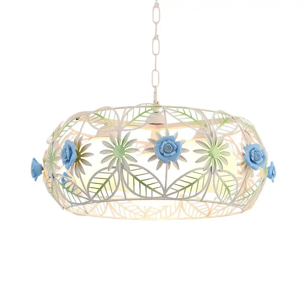 Pastoral Style Foliage Drum Chandelier 3 Lights Iron Hanging Lamp Kit In Blue With Globe Opal Glass