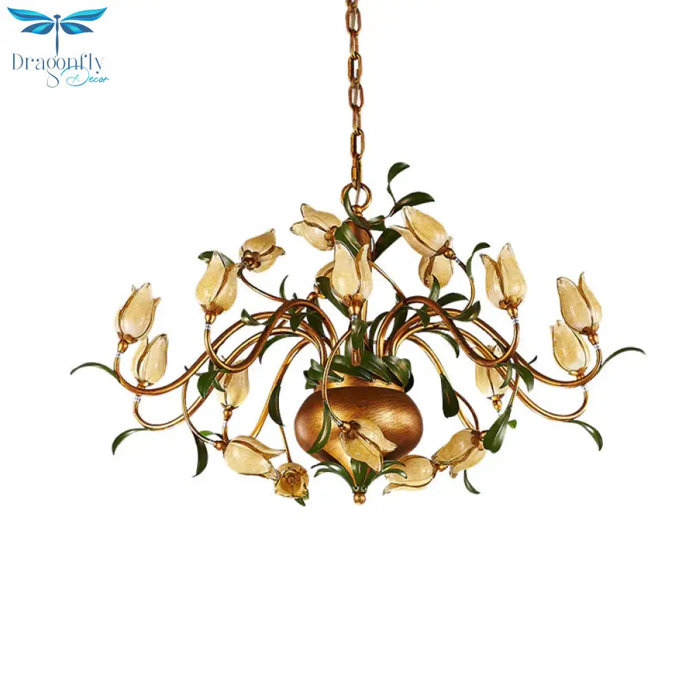 Pastoral Tulip Chandelier Lighting Fixture 12/20/30 Bulbs Metal Led Pendant Ceiling Light In Brass
