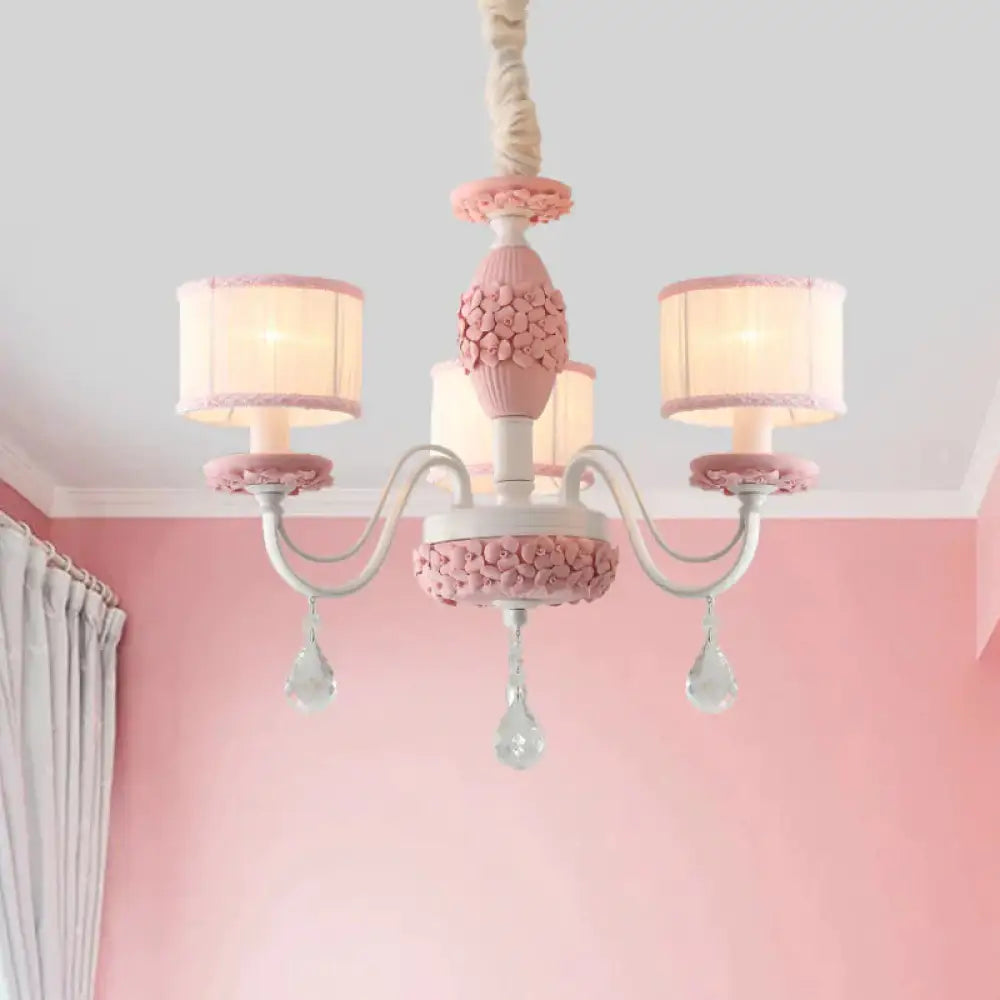 Pink 3 Heads Suspension Light Traditional Fabric Drum Pleated Lampshade Chandelier With Clear