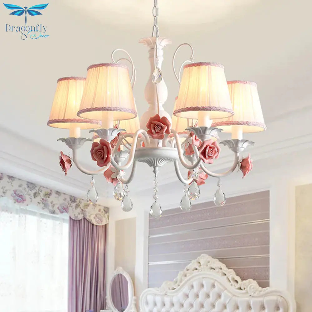 Pink/Blue 6 Heads Chandelier Lighting Korean Garden Metal Tapered Hanging Light Fixture With Fabric