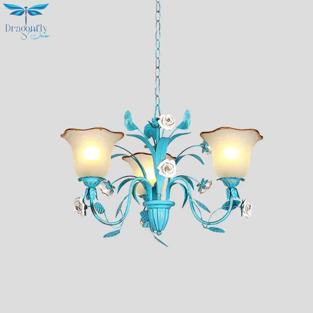 Pink/Blue Blossom Ceiling Chandelier Pastoral Milk Glass 3/5 Lights Dining Room Hanging Light