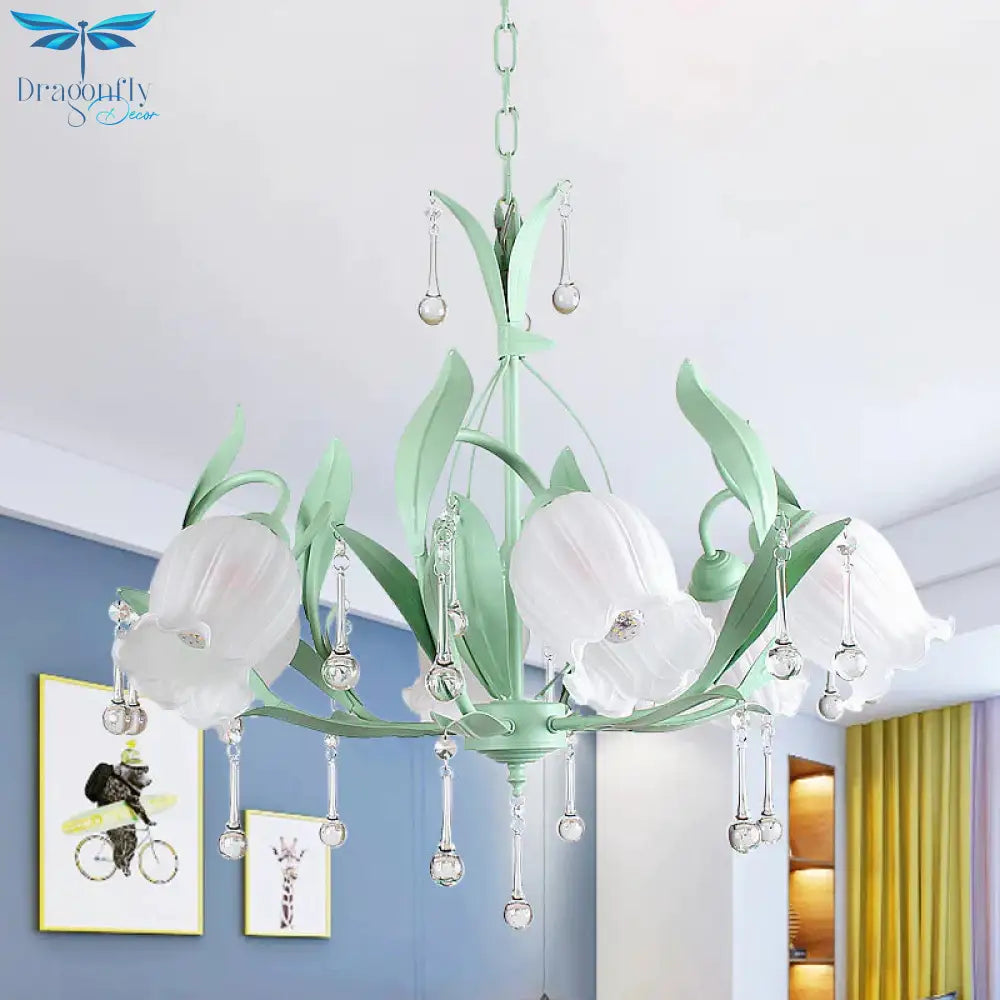 Pink/Blue/Green 6 Bulbs Chandelier Lamp Traditional Crystal Balls Floral Hanging Light Kit For