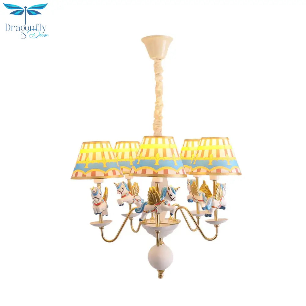 Pink/Blue Tapered Pendant Chandelier Cartoon 5 Lights Fabric Ceiling Light With Unicorn Decoration