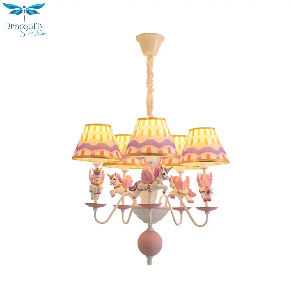 Pink/Blue Tapered Pendant Chandelier Cartoon 5 Lights Fabric Ceiling Light With Unicorn Decoration