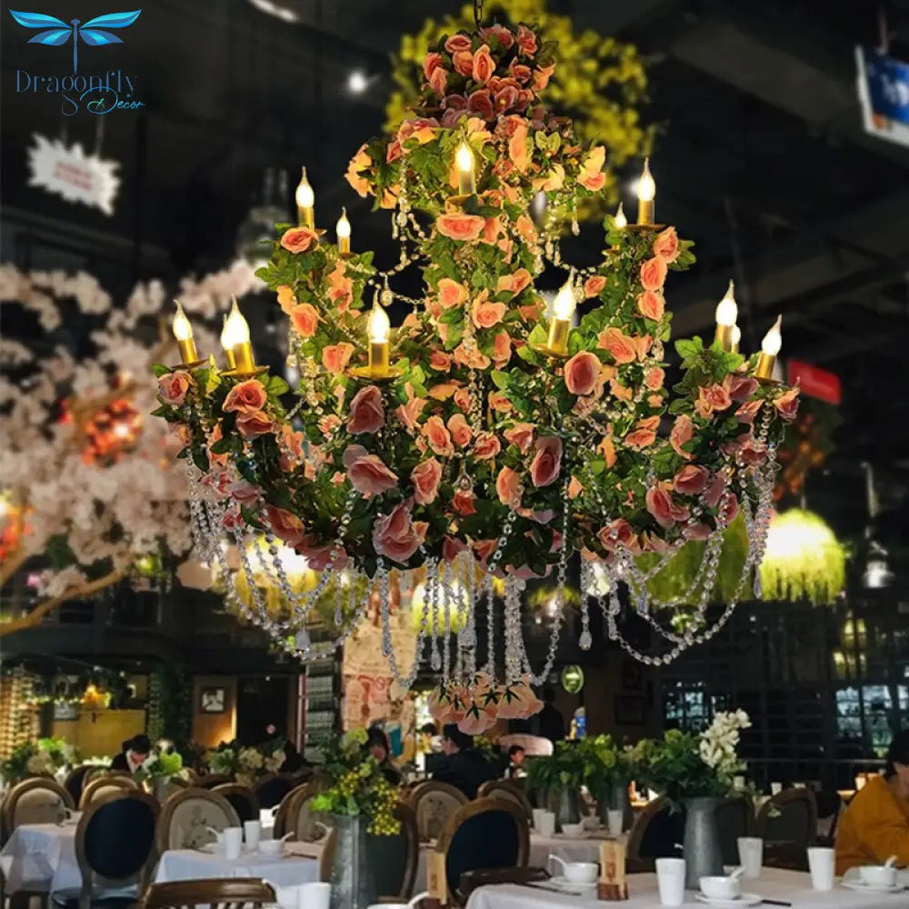 Pink Flower Theme Restaurant Hotel Wedding Banquet Hall Pendant Light Simulation Green Plant