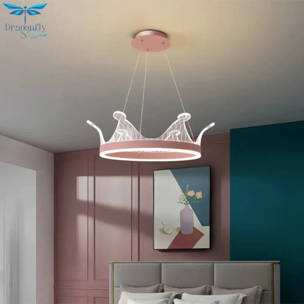 Pink/Gold Crown Shape Pendant Lighting Modern Led Metal Chandelier Lamp In Warm/White Light