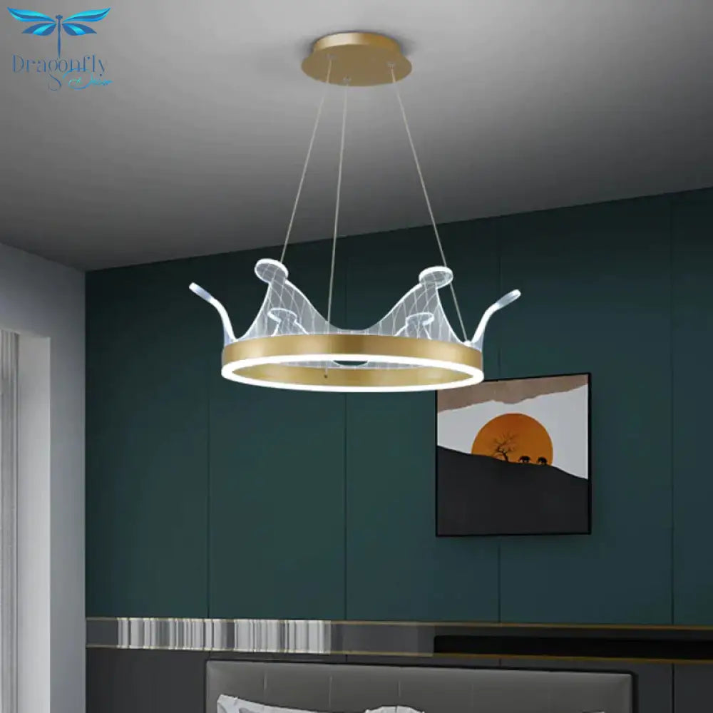 Pink/Gold Crown Shape Pendant Lighting Modern Led Metal Chandelier Lamp In Warm/White Light
