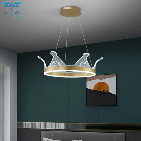 Pink/Gold Crown Shape Pendant Lighting Modern Led Metal Chandelier Lamp In Warm/White Light