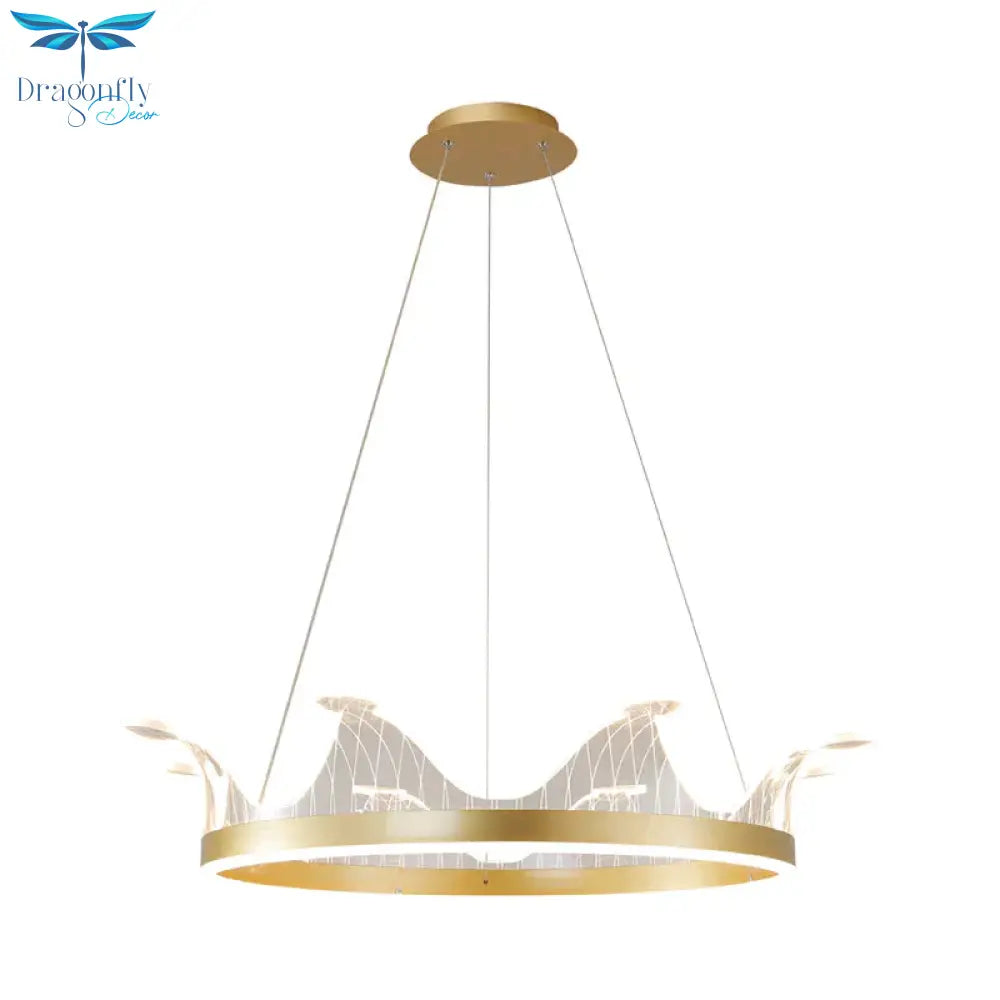 Pink/Gold Crown Shape Pendant Lighting Modern Led Metal Chandelier Lamp In Warm/White Light