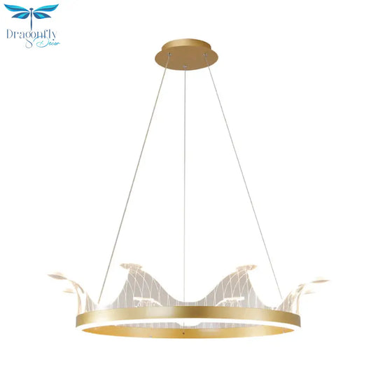 Pink/Gold Crown Shape Pendant Lighting Modern Led Metal Chandelier Lamp In Warm/White Light
