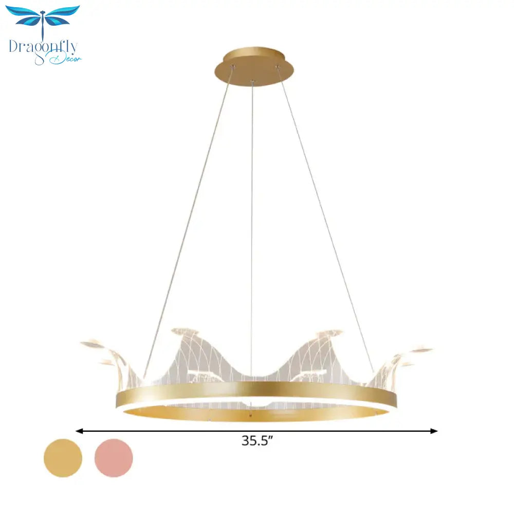 Pink/Gold Crown Shape Pendant Lighting Modern Led Metal Chandelier Lamp In Warm/White Light