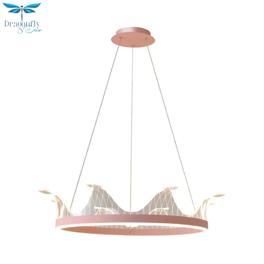 Pink/Gold Crown Shape Pendant Lighting Modern Led Metal Chandelier Lamp In Warm/White Light
