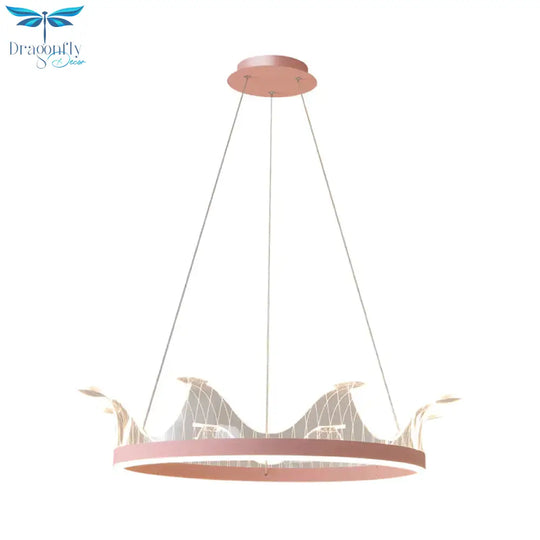 Pink/Gold Crown Shape Pendant Lighting Modern Led Metal Chandelier Lamp In Warm/White Light