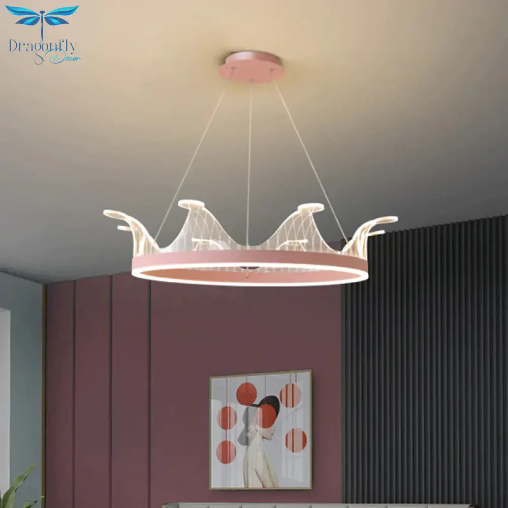 Pink/Gold Crown Shape Pendant Lighting Modern Led Metal Chandelier Lamp In Warm/White Light