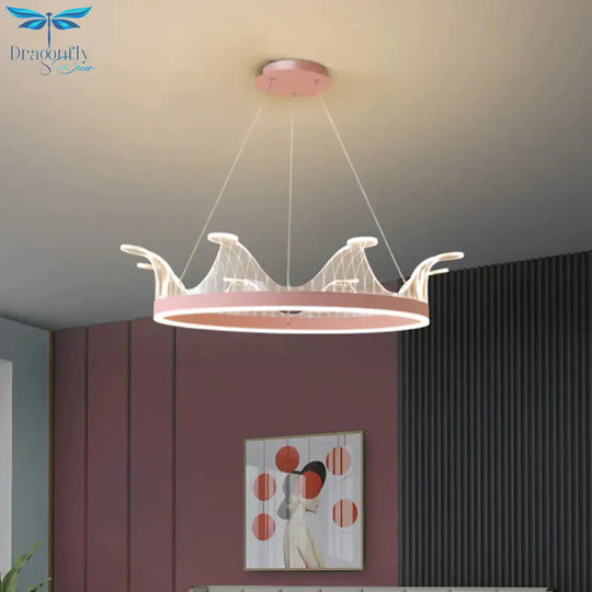 Pink/Gold Crown Shape Pendant Lighting Modern Led Metal Chandelier Lamp In Warm/White Light