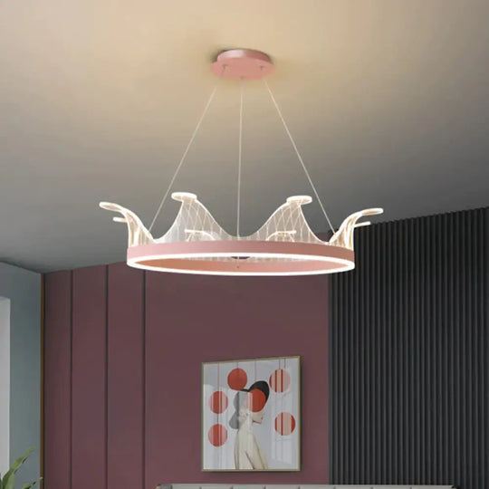 Pink/Gold Crown Shape Pendant Lighting Modern Led Metal Chandelier Lamp In Warm/White Light Pink /