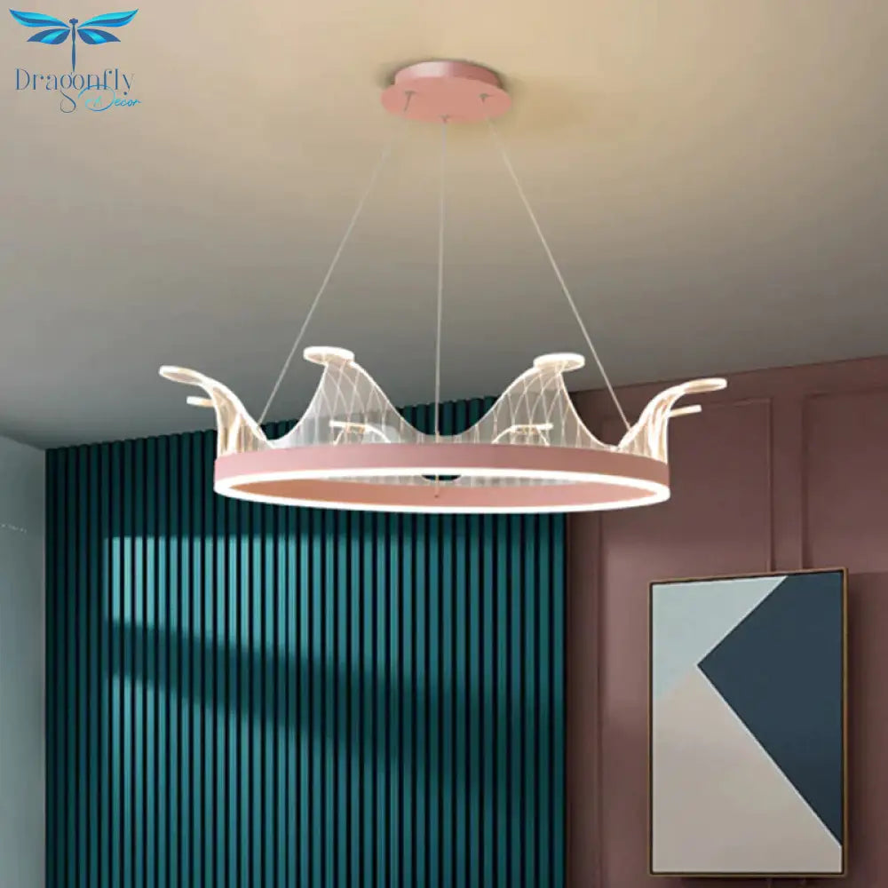 Pink/Gold Crown Shape Pendant Lighting Modern Led Metal Chandelier Lamp In Warm/White Light
