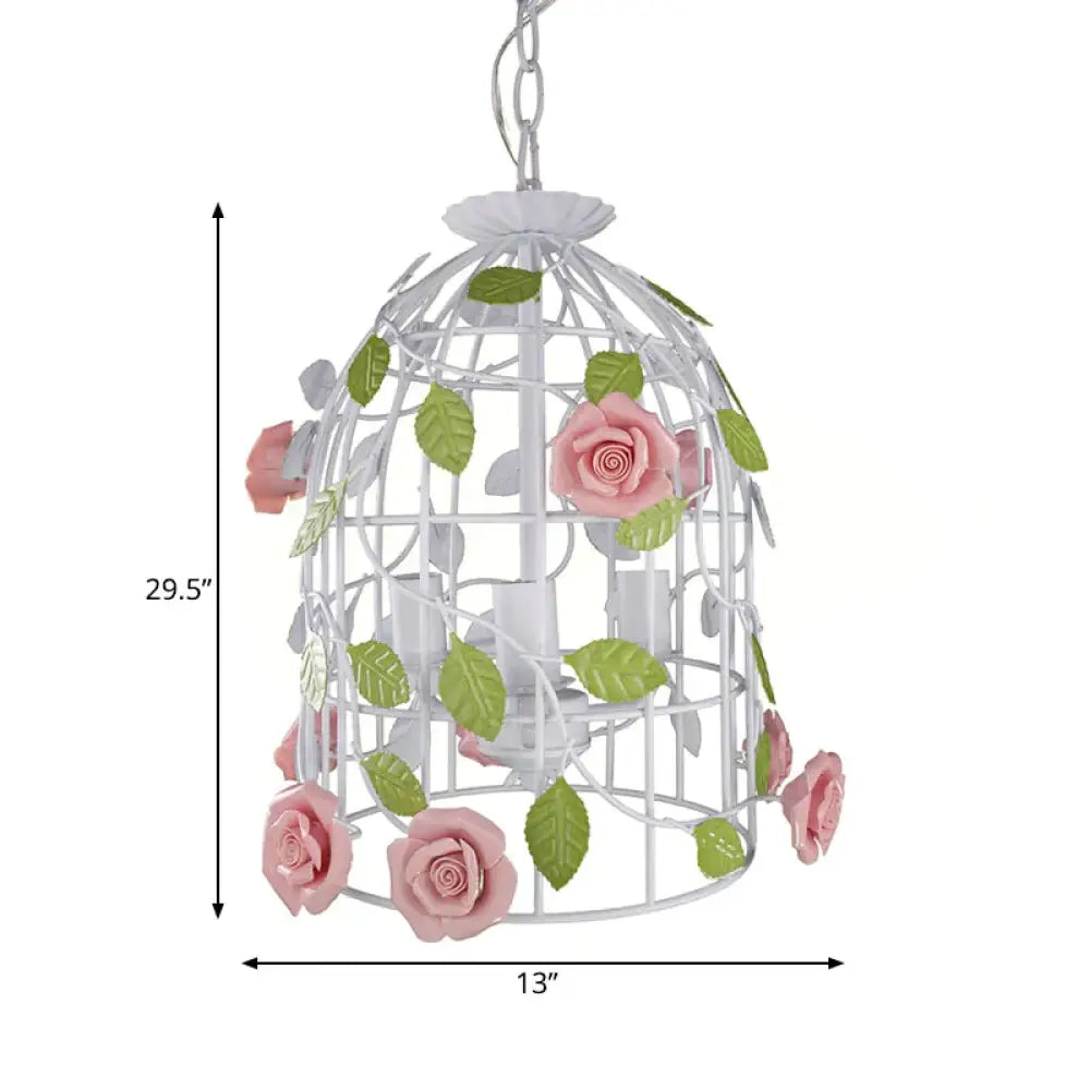 Pink Rose Vine And Birdcage Chandelier Korean Flower Iron 3 Bulbs Dining Table Suspension Lighting