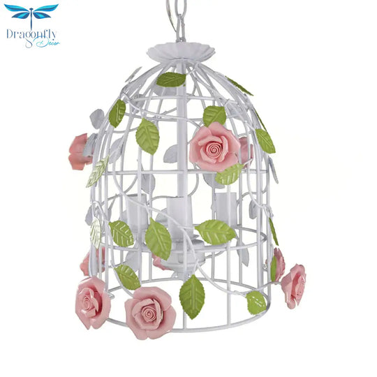 Pink Rose Vine And Birdcage Chandelier Korean Flower Iron 3 Bulbs Dining Table Suspension Lighting