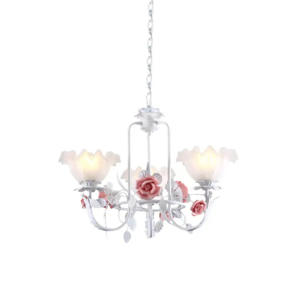 Pink Scalloped Suspension Pendant Light Countryside White Glass 3 Lights Dining Room Chandelier