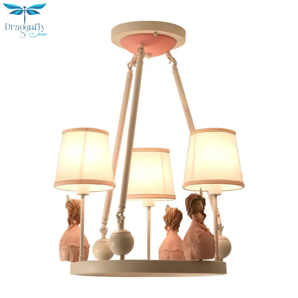 Pink Tapered Shade Hanging Pendant Lights With Princess Cartoon Fabric Chandelier For Girls Bedroom