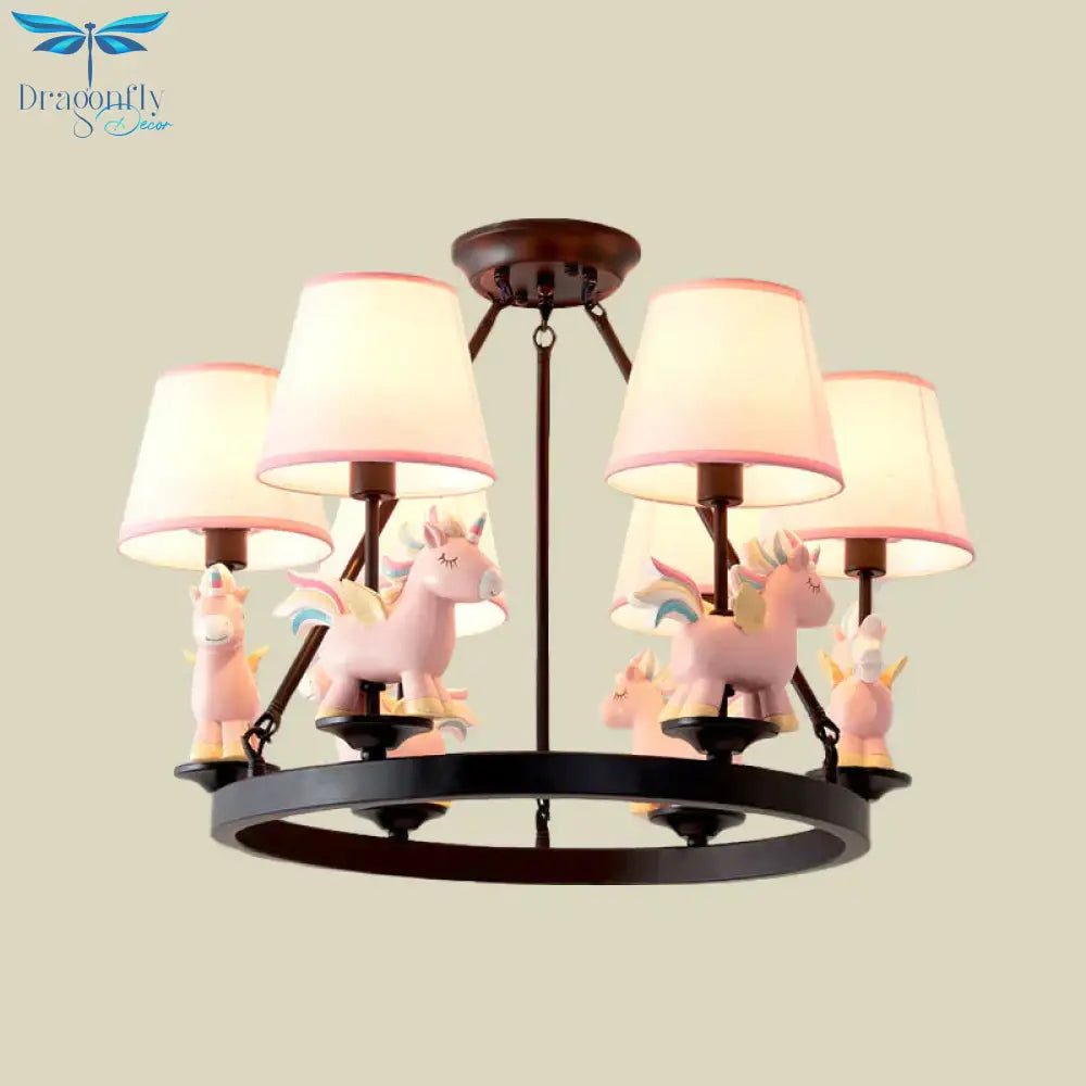 Pink Unicorn Pendulum Light With Black Ring Design Cartoon 6 Heads Fabric Ceiling Chandelier