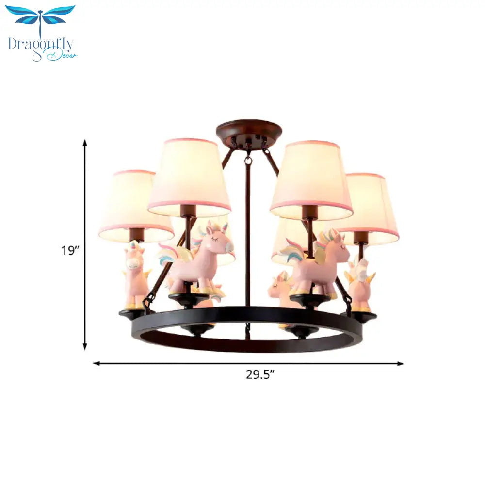 Pink Unicorn Pendulum Light With Black Ring Design Cartoon 6 Heads Fabric Ceiling Chandelier