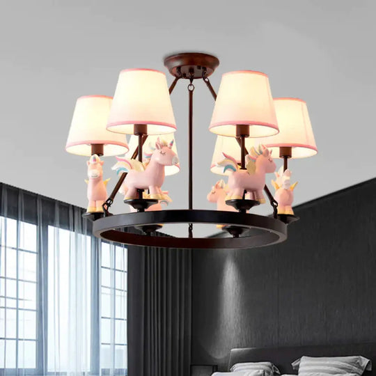 Pink Unicorn Pendulum Light With Black Ring Design Cartoon 6 Heads Fabric Ceiling Chandelier / B