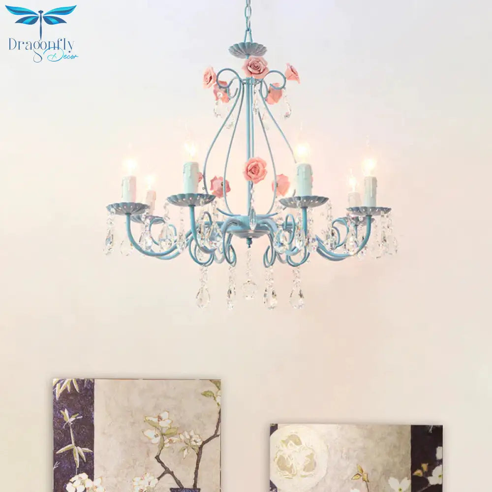 Pink/Yellow Candle Hanging Chandelier Traditional Clear Crystal 5/8 Lights Living Room Ceiling